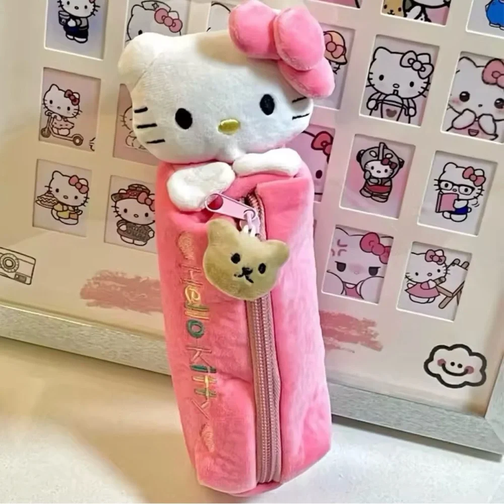 Hello Kitty Plush Pencil Case – Pink Soft Zipper Pouch with Bear Charm